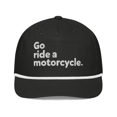 Go ride a motorcycle embroidered golf rope cap, b&w, snapback, adjustable, gifts for riders, gifts for motorcyclists