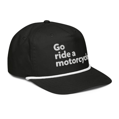 Go ride a motorcycle embroidered golf rope cap, b&w, snapback, adjustable, gifts for riders, gifts for motorcyclists