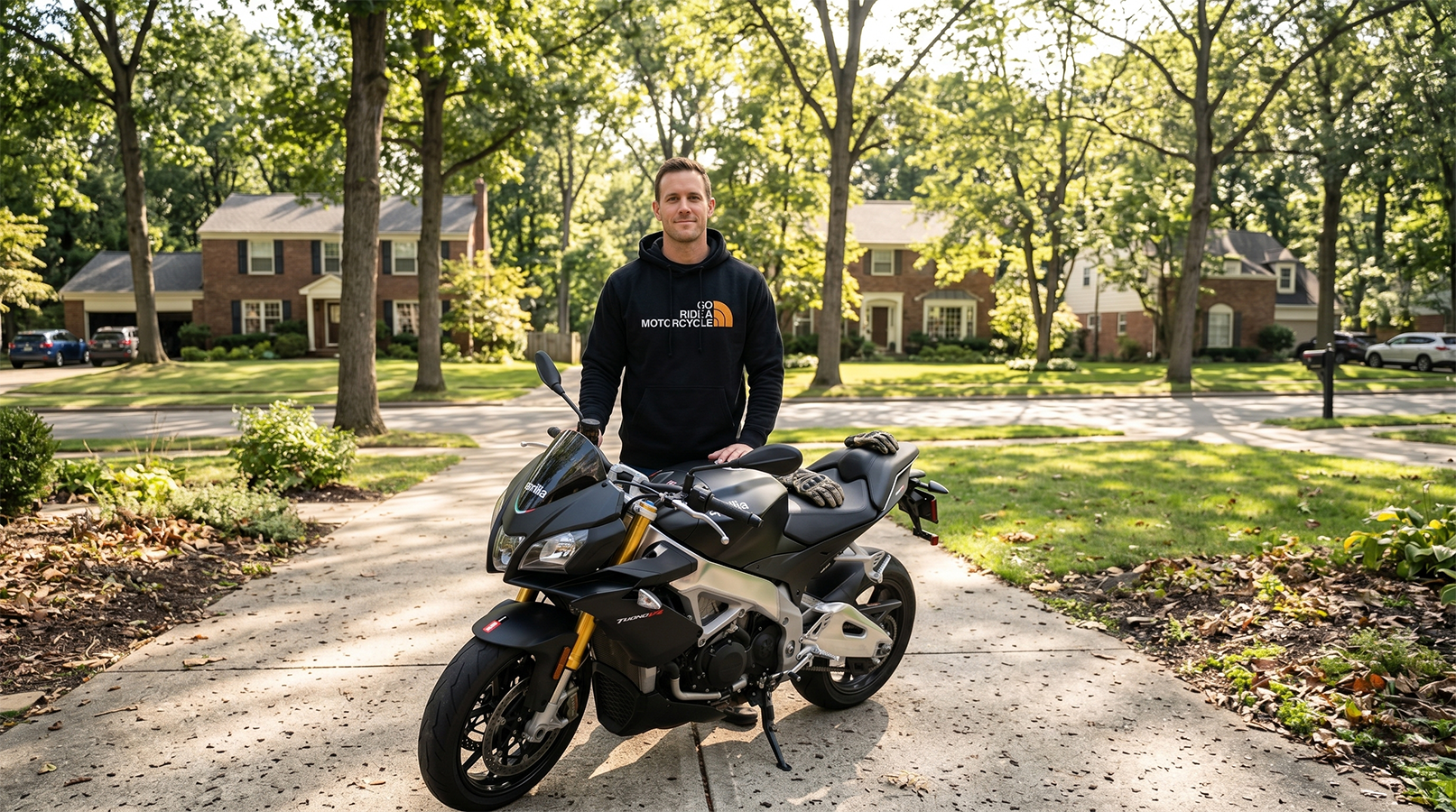 Man standing in his driveway wearing a Go ride a motorcycle NF parody hoodie with his Aprilia motorcycle in front of him