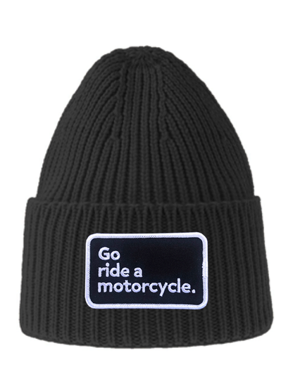 Original "Go ride a motorcycle" patch sewn on front cuff of ribbed knit beanie