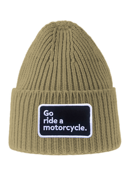 Original "Go ride a motorcycle" patch sewn on front cuff of ribbed knit beanie