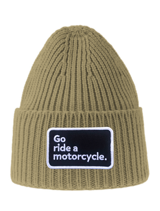 Original "Go ride a motorcycle" patch sewn on front cuff of ribbed knit beanie