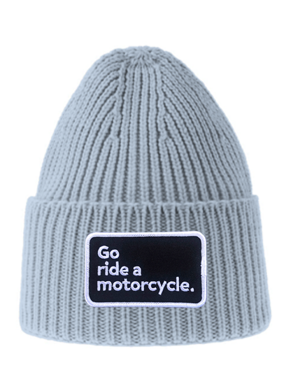 Original "Go ride a motorcycle" patch sewn on front cuff of ribbed knit beanie