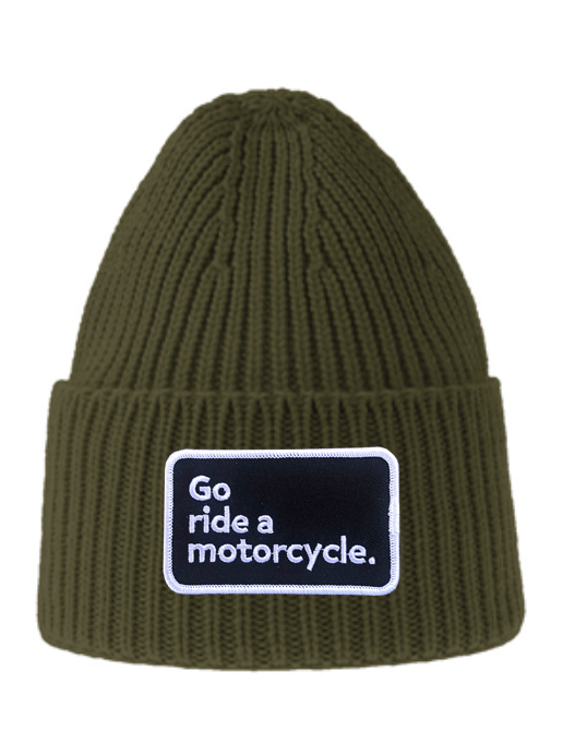 Original "Go ride a motorcycle" patch sewn on front cuff of ribbed knit beanie