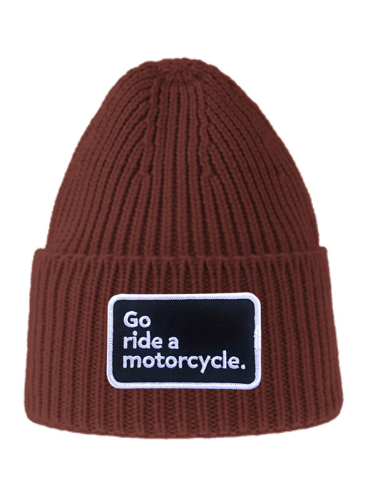 Original "Go ride a motorcycle" patch sewn on front cuff of ribbed knit beanie