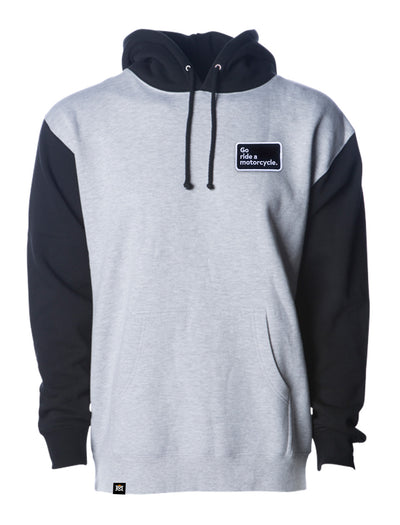 go ride a motorcycle hoodie, sweatshirt, hooded sweatshirt, warm, layer, roomy, gift for him, motorcycle lifestyle, motorbikes, gift for riders, embroidered patch