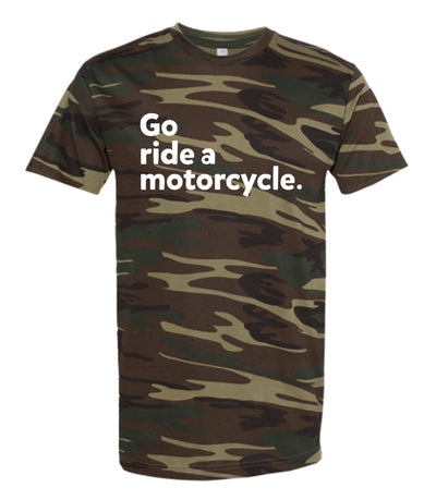 Camouflage t-shirt by Code Five with 'Go ride a motorcycle' text across the chest