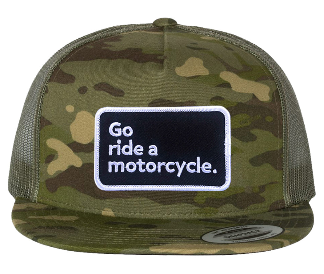 "Go ride a motorcycle" green camouflage patch snapback trucker hat