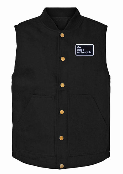 go ride a motorcycle, motorbikes, cruiser, harley davidson, chopper, harley rider, insulated vest, canvas, warm, durable, quality, patch, embroidered patch, motorcycle club, ride with friends, crown moto, bronze, snap, sleeveless, black vest