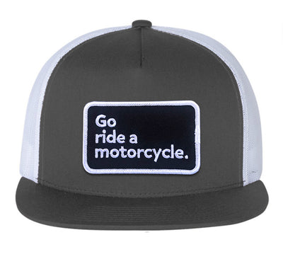 Gray and white cap with 'Go ride a motorcycle' embroidered patch on front