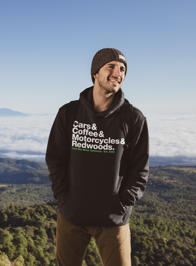 Loma Mar Motor Gathering 2025 Hoodie, cars and coffee, motorcycles, redwoods, california coast, nature, sf bay area, community, friends, unisex, fleece, hooded, loma mar, southcoast