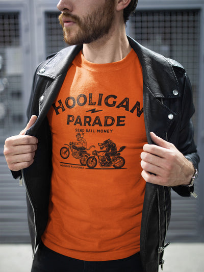 Hooligan Parade Local Animals design on orange t-shirt, hooligans, wheelies, supermoto, skilled riders, skids, burnouts, speeding, motorcycle shirts, motorcycle lifestyle