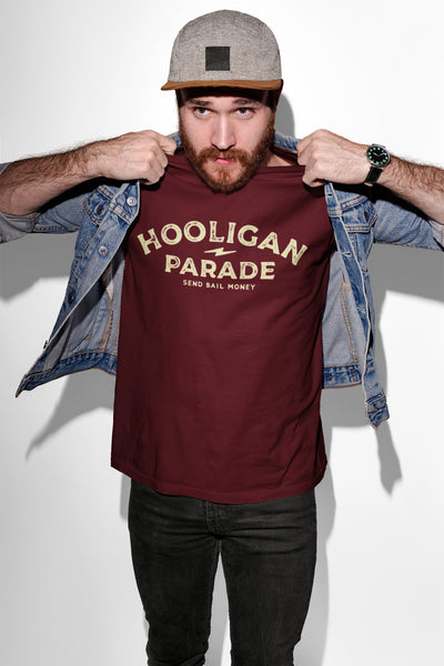 Man wearing Hooligan Parade - Send Bail Money t-shirt, hooligans, motorcycle shirts, motorcycle lifestyle, supermoto, san francisco, sf, california, crown moto, wheelies, stoppies, endos, burnouts, speeding, lawbreakers, bail money