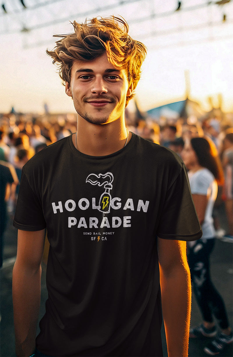 ai image of a guy wearing Original "Hooligan Parade" "send bail money" design on front of black t-shirt