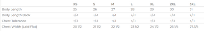 Table displaying body measurements for insulated canvas vest with labels for different body types.