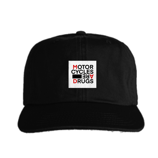 "Motorcycles are drugs" logo woven patch sewn on front of adjustable cotton hat