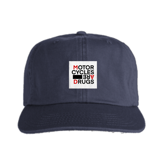 "Motorcycles are drugs" logo woven patch sewn on front of adjustable cotton hat