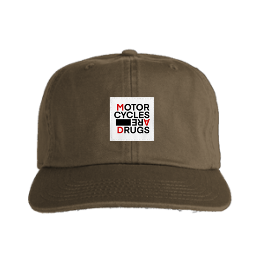 "Motorcycles are drugs" logo woven patch sewn on front of adjustable cotton hat