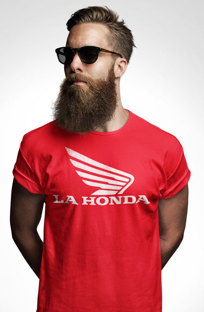 Bearded man wearing a red La Honda parody t-shirt, honda motorcycles