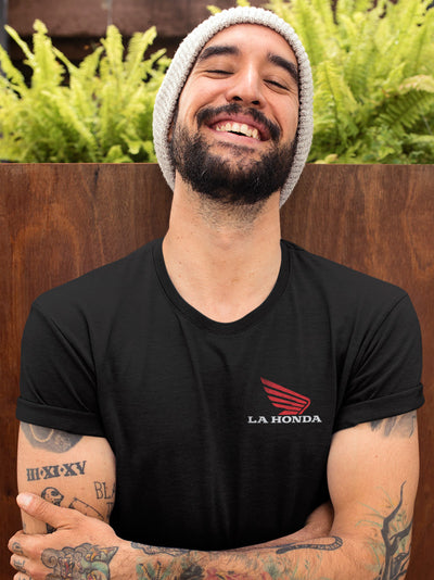 La Honda logo parody Honda Motorcycles design on back of short sleeve t-shirt, honda motorcycles, parody, california, redwoods, highway 84, coastal towns