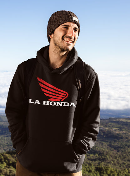 Man wearing La Honda parody honda motorcycle design on chest of hooded sweatshirt