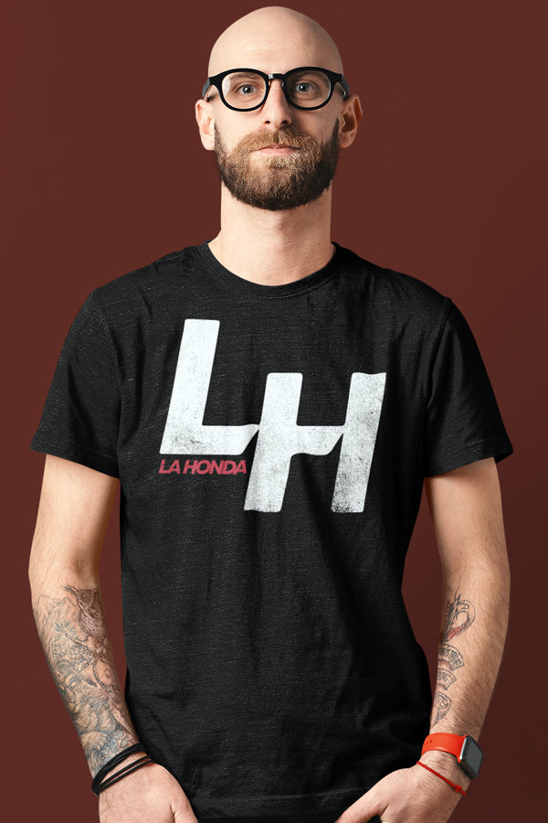 Man wearing t-shirt with La Honda Shift pattern design on chest