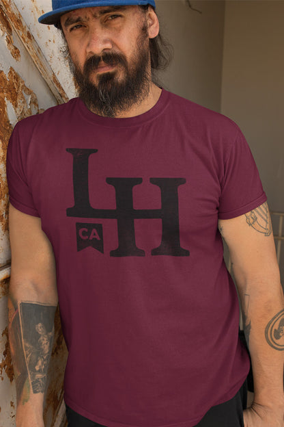 short sleeve t-shirt with La Honda CA LH monogram design on chest