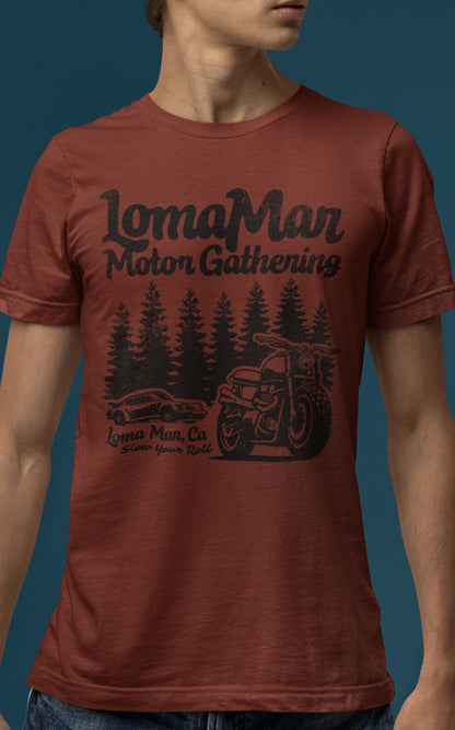 Male model wearing maroon t-shirt with "Loma Mar Motor Gathering" artwork on chest