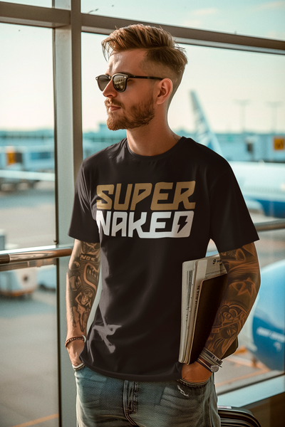 man wearing a black super naked t-shirt, super naked motorcycles, ktm super duke, ducati streetfighter, mt10, mt09, h2, bmw s1000r, aprilia tuono, buell, naked bikes, ride naked, no fairings