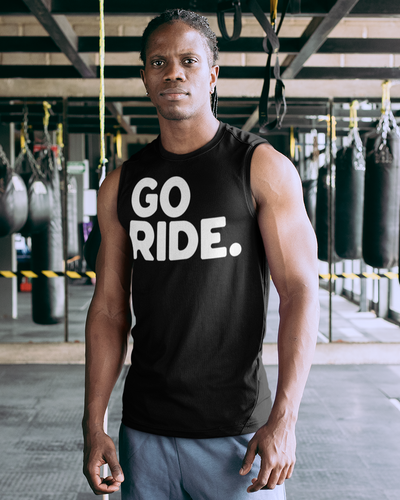 Model wearing a "Go Ride" Sleeveless T, workout shirt, sleeveless, tank top, moisture wicking, motorcycles, motorcycle lifestyle, motorbikes, moisture wicking
