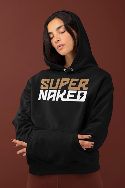 SUPERNAKED Gold & White Hoodie, naked bikes, streetfighter, super duke, mt10, ride naked, supernaked, female model wearing black supernaked hoodie, ducati streetfighter, ktm super duke, aprilia tuono, bmw s1000r, ebr, buell, mt10, monster, naked bikes, ride naked