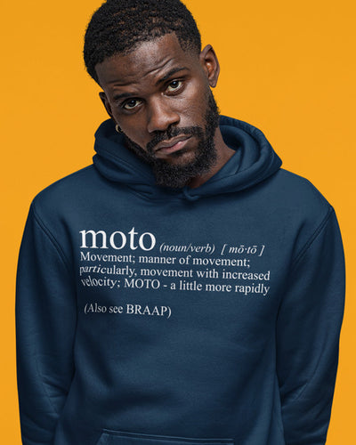 Male model wearing navy blue hooded sweatshirt with original Moto Definition text design on chest