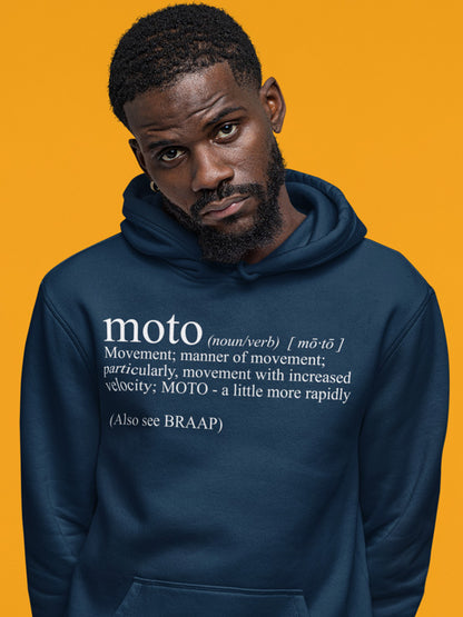 Male model wearing navy blue hooded sweatshirt with original Moto Definition text design on chest