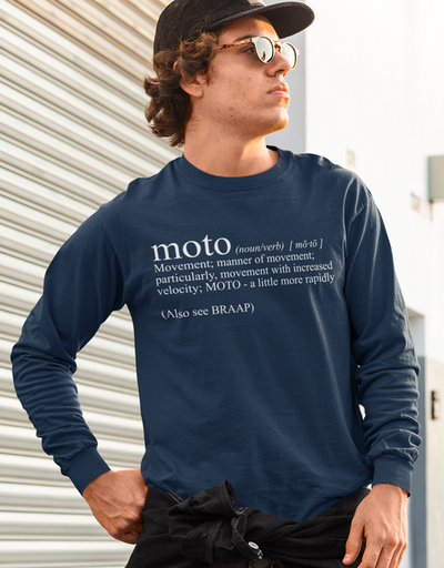 Man wearing long sleeve "moto definition" t-shirt from crown moto