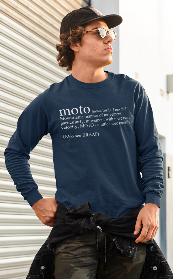 Man wearing long sleeve "moto definition" t-shirt from crown moto