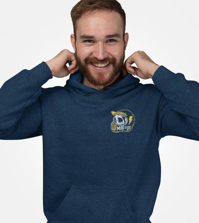 Man wearing a navy blue Moto is Life design hoodie by Crown Moto 