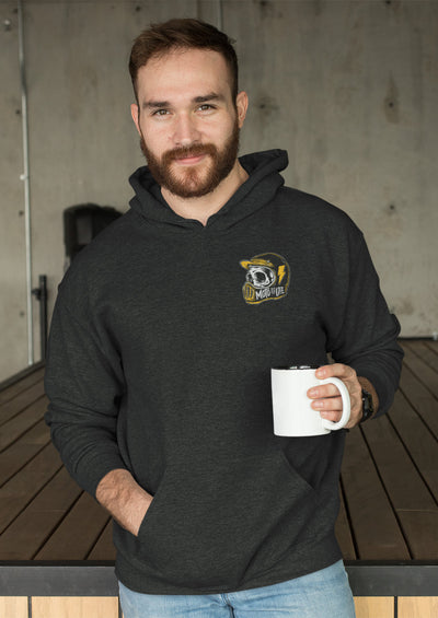 Man wearing a Moto is Life design hoodie with a cup of coffee in his hand
