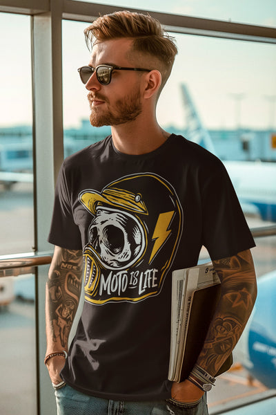 Man wearing a Moto is Life black t-shirt by crown moto