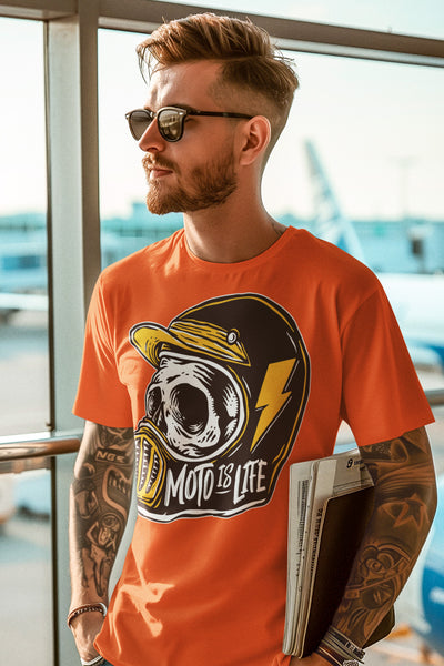 Model wearing a Moto is Life - Solid Skull T-Shirt design on orange shirt, motorcycles, motorbikes, ride for life, crown moto