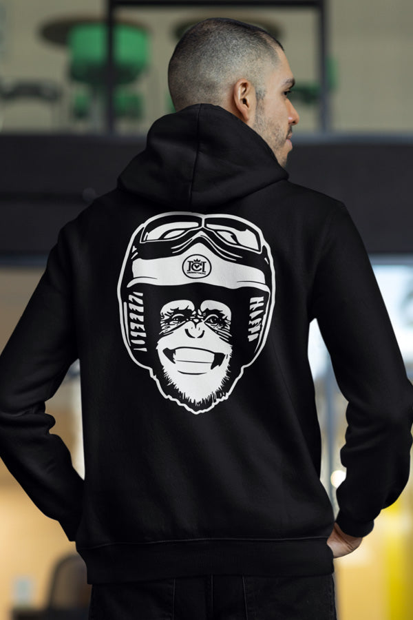 model wearing, Moto Monkey hooded sweatshirt, hoodies, hoodie, monkey, chimp, chimpanzee, motorcycle riders, motorcycles, motorbikes, riders, warm, funny, humor, motorcycle lifestyle, motorcycle hoodie, original, crown moto