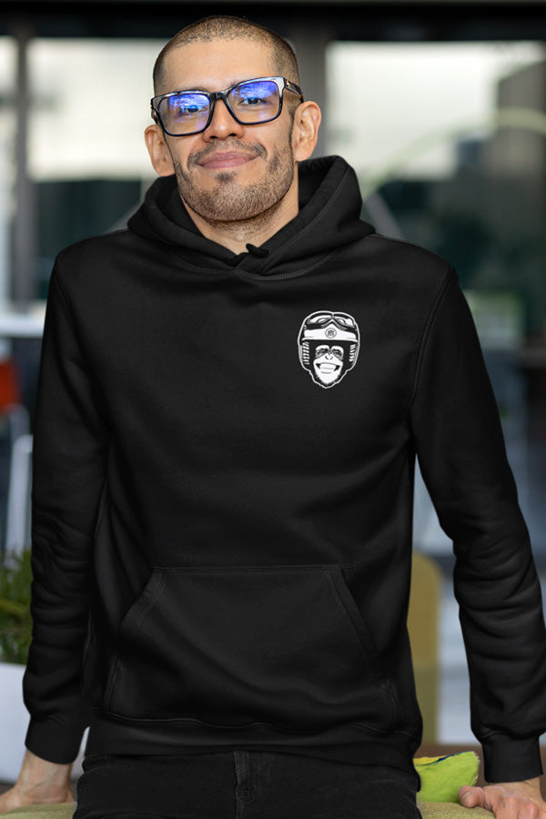 Model wearing, Moto Monkey hooded sweatshirt, hoodies, hoodie, monkey, chimp, chimpanzee, motorcycle riders, motorcycles, motorbikes, riders, warm, funny, humor, motorcycle lifestyle, motorcycle hoodie, original, crown moto