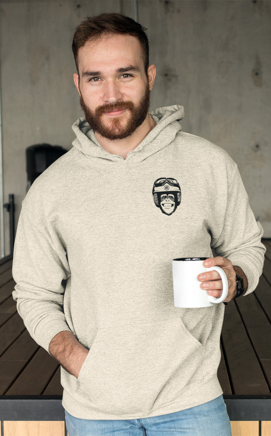 Man wearing a Moto Monkey Fleece Pullover Hoodie, natural, cream, heather oatmeal, motorcycle lifestyle, motorbikes, motorcycle riders