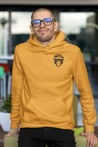 Man wearing Moto Monkey orange hoodie