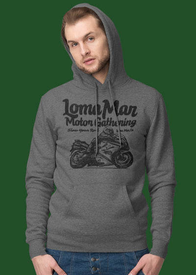 Man wearing hooded sweatshirt with "Loma Mar Motor Gathering" moto sketch design on chest