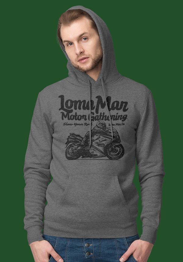 Man wearing hooded sweatshirt with "Loma Mar Motor Gathering" moto sketch design on chest