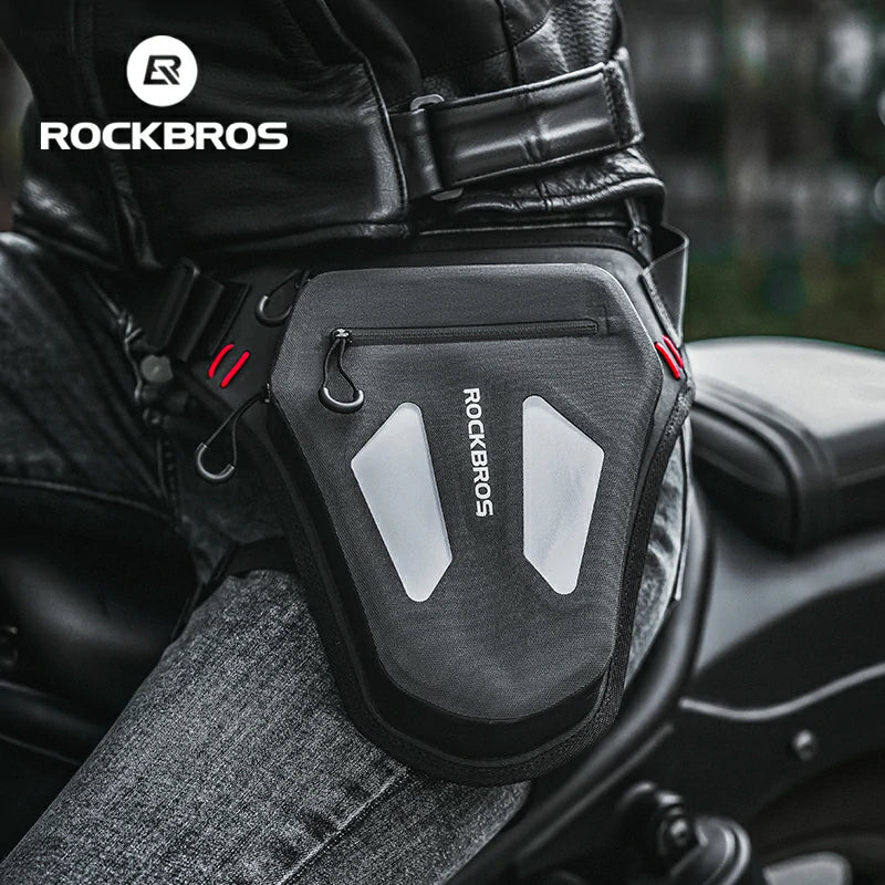 Person wearing a black Rockbros waist bag on a motorcycle