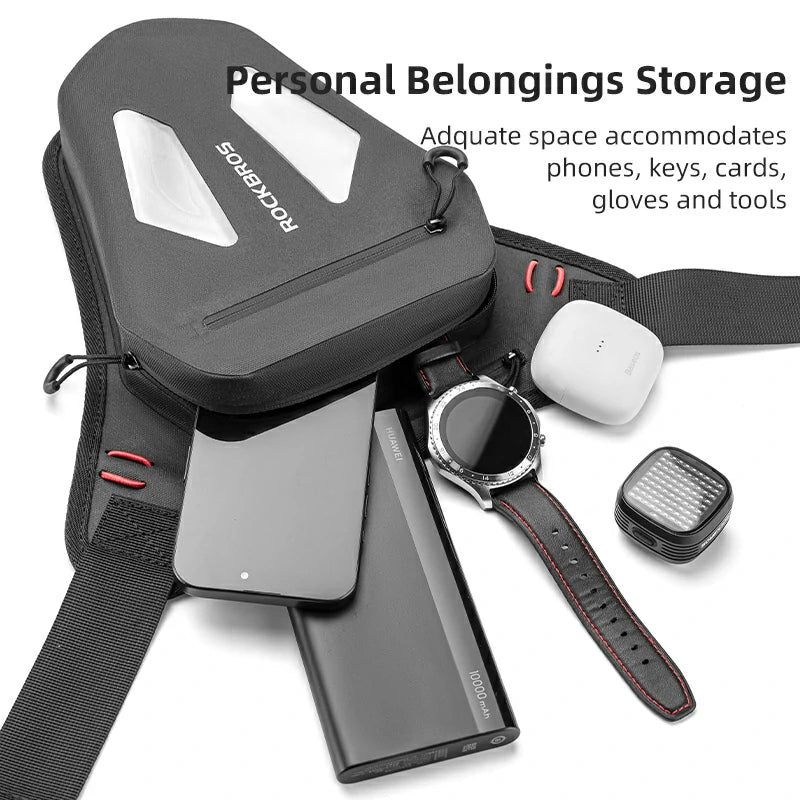 Black personal belongings storage bag with phone, keys, cards, gloves, and tools on a white background
