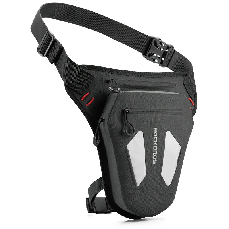 Black waist bag with a strap on a white background, featuring the brand 'RockBros'.