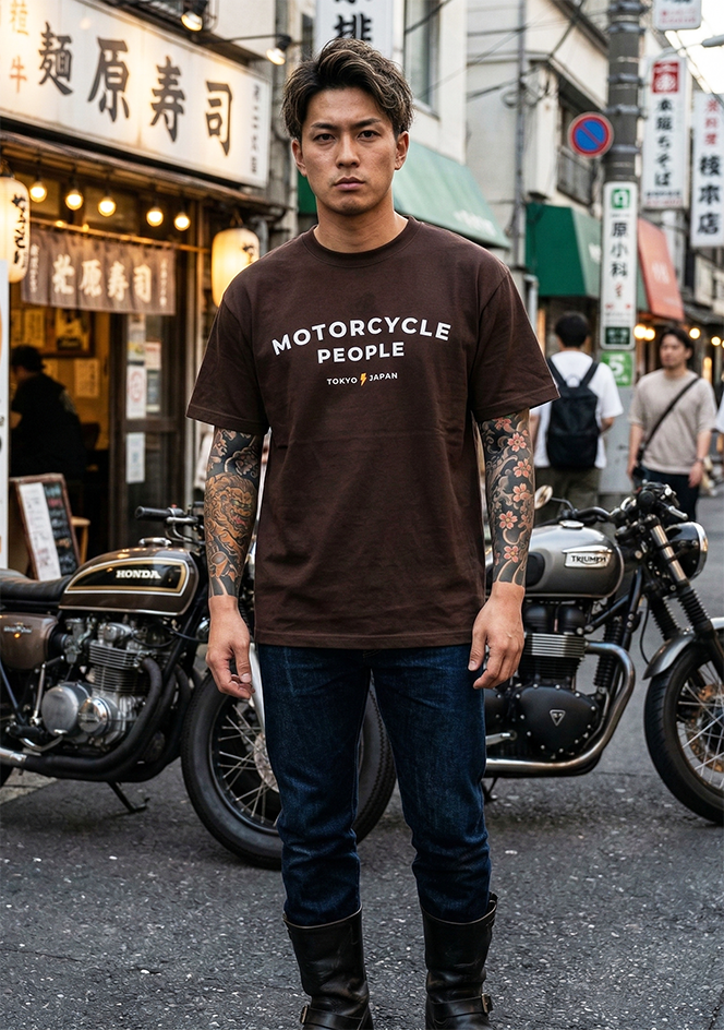 Man wearing a 'Motorcycle People Tokyo Japan' t-shirt standing in an urban street with motorcycles