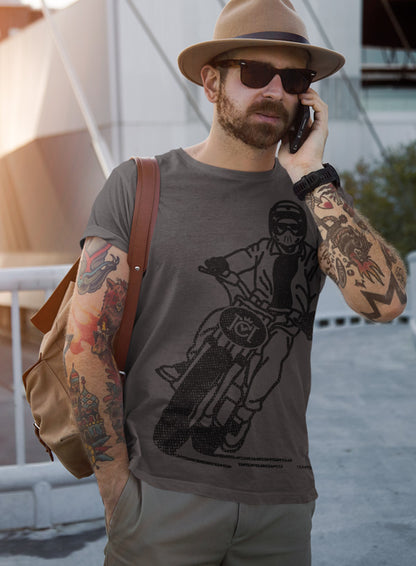 Man wearing a charcoal grey short sleeve t-shirt with Crown Moto number plate design on full chest in black